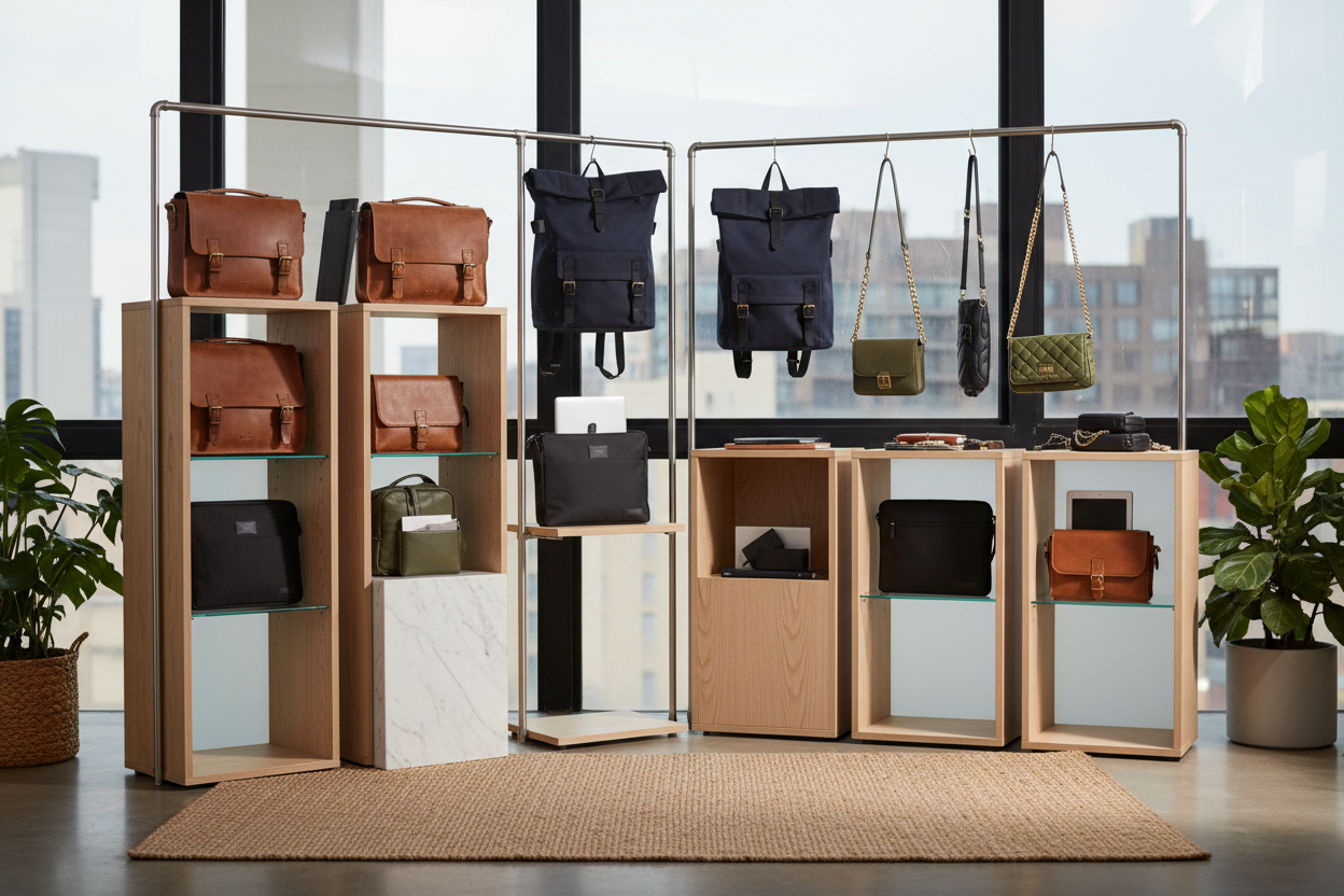 Bags and backpacks collection displayed on shelves in a modern interior.