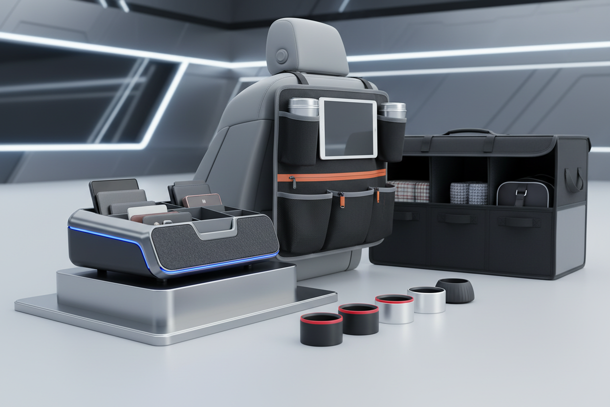 Modern car accessoriers and organizers for smart storage and interior comfort.