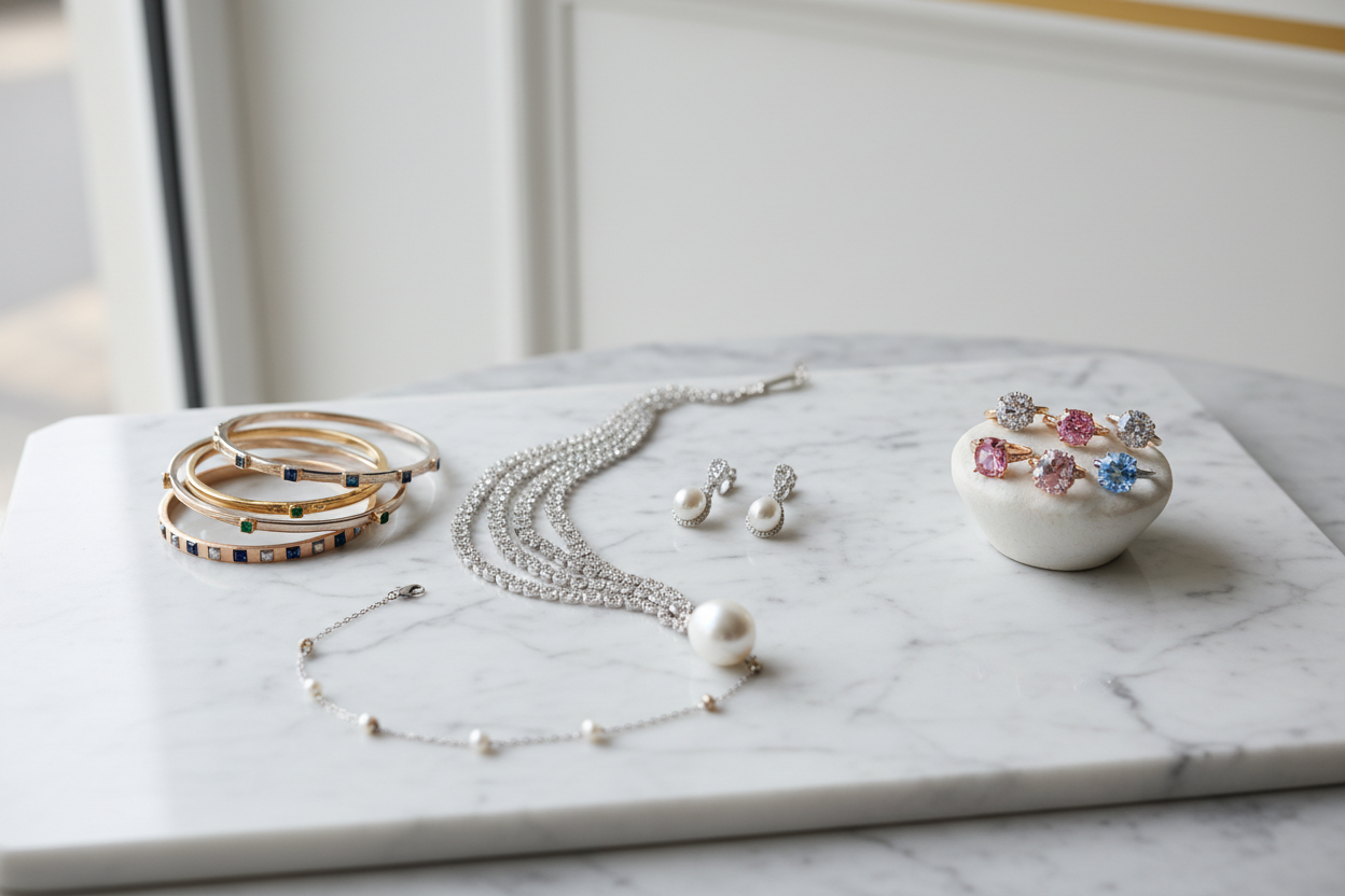 Minimalist jewelry collection with pearl bracelets and necklaces displayed in an elegant setting.