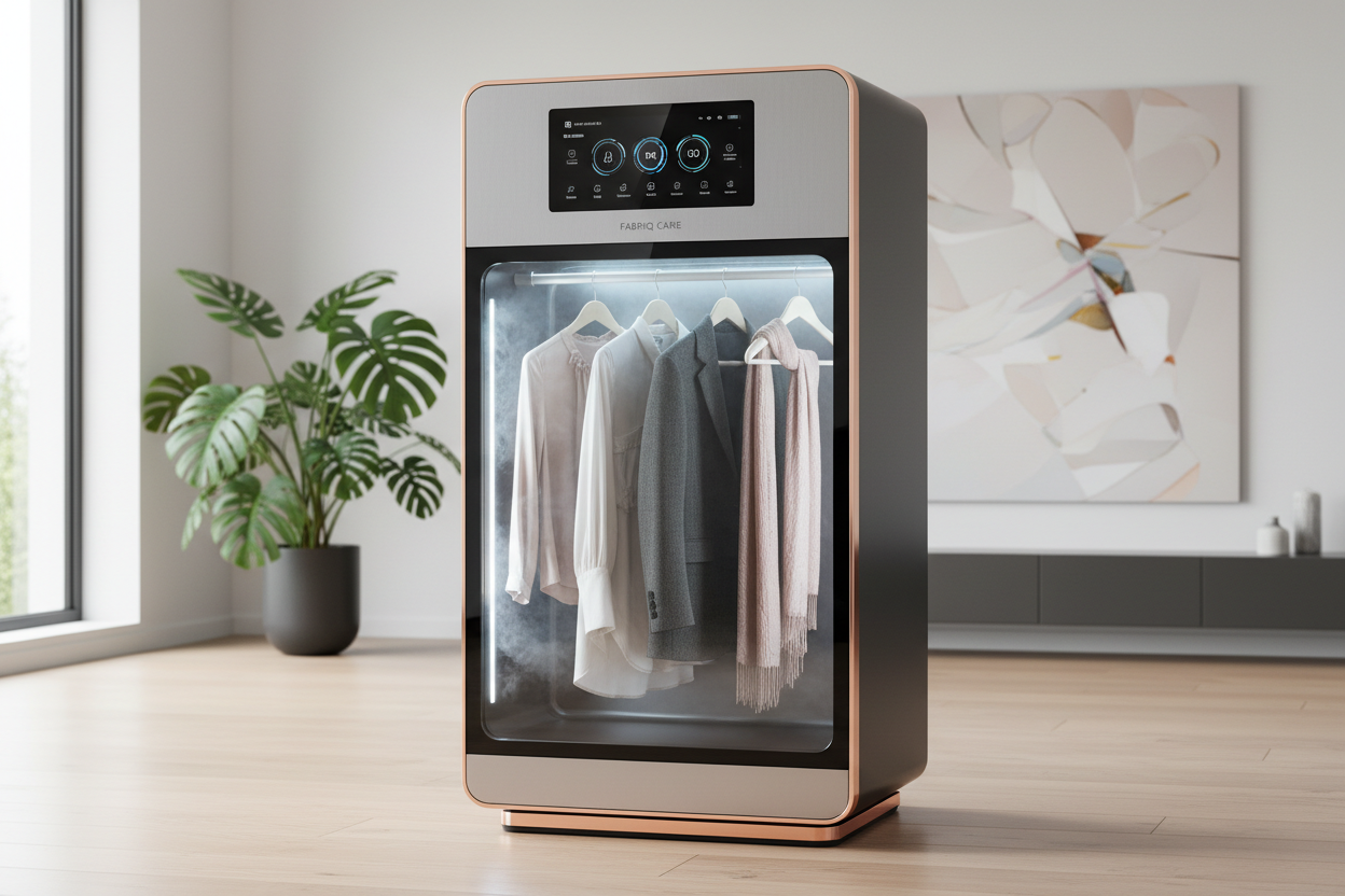 Modern smart garment steamer with shirts hanging inside, designed for wrinle-free clothing care.