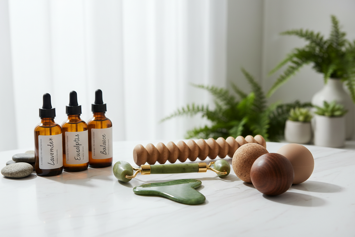 Wellness and massage tools with oils and stones for relaxation and self-care.