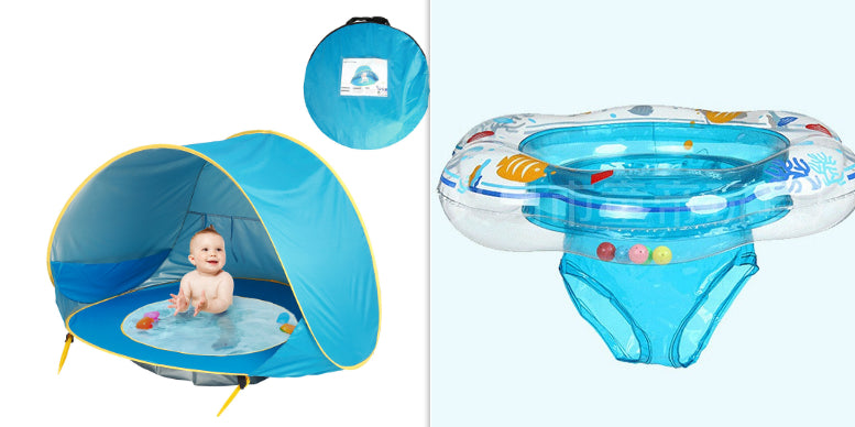 Baby beach tent and inflatable pool toy on a white background.