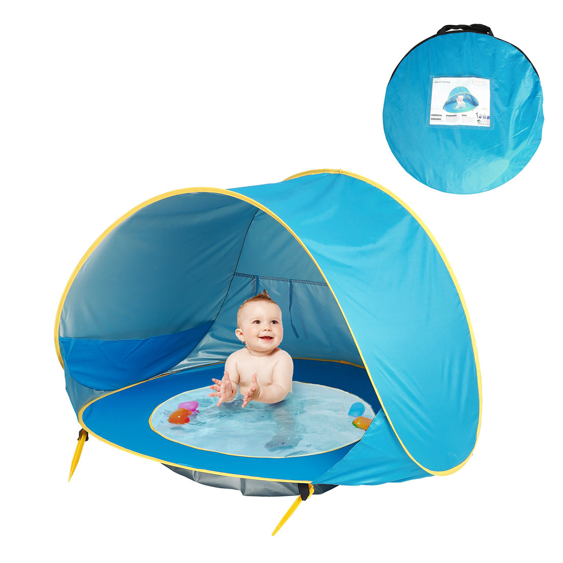 Blue baby pool with canopy and a baby playing inside on a white background.