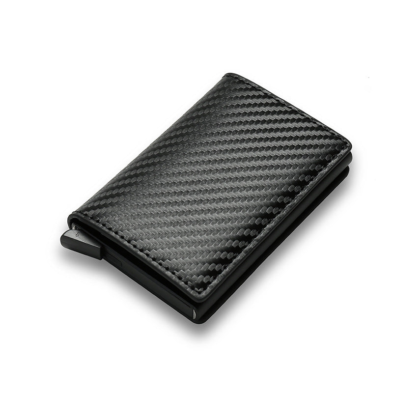 Carbon fiber smart cardholder on white background.