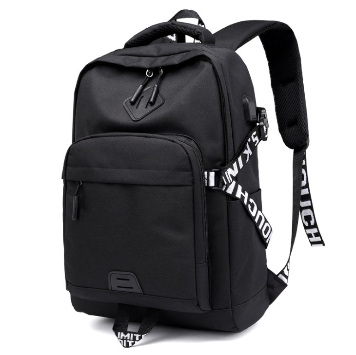 Black backpack with visible brand logo on a white background.