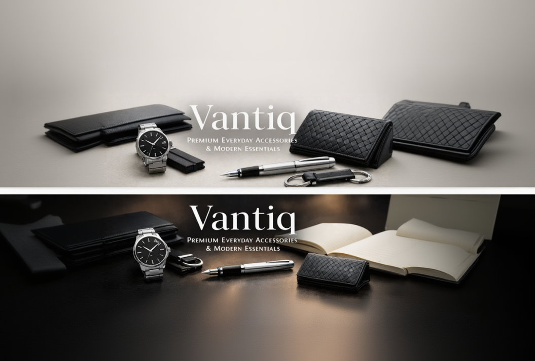 Collection of black leather accessories with «Vantiq» branding on a neutral background.