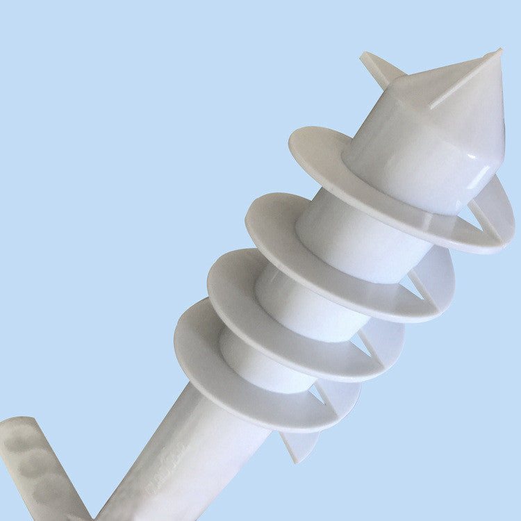 Beach umbrella anchor, white plastic screw on a light blue background.