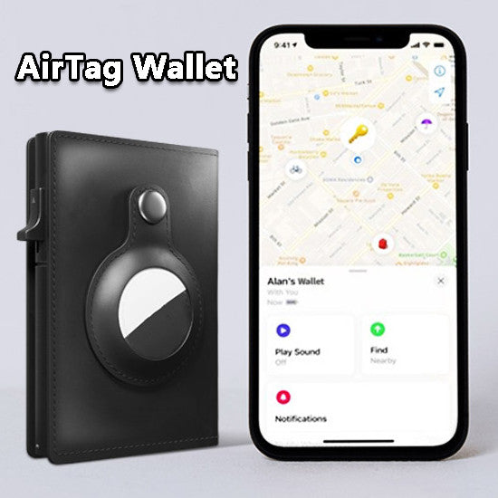 Black AirTag wallet with smartphone displaying app on light gray background.