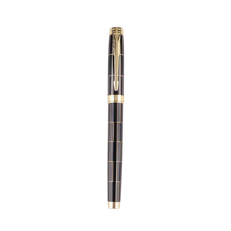 Black and gold pen on a white background.