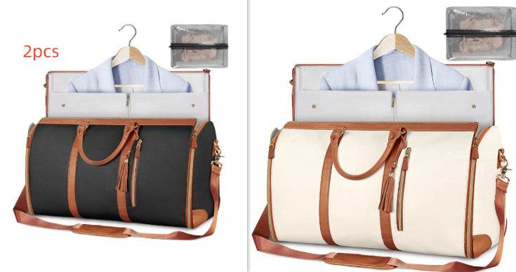 Two travel bags with hangers and clothes, one black and brown, one beige and brown, on a white background.
