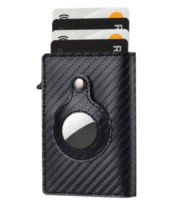 Black carbon fiber patterned cardholder with card slots on white background.