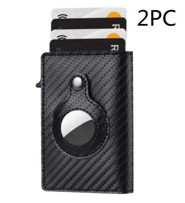 Black carbon fiber patterned cardholder set - two pieces displayed with four cards on white background.