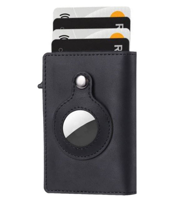 Black cardholder with a circular design holding several cards on white background.