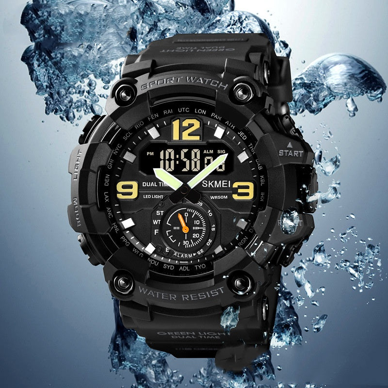 Black digital sports watch with water resistance feature with water splashes on a gray background.