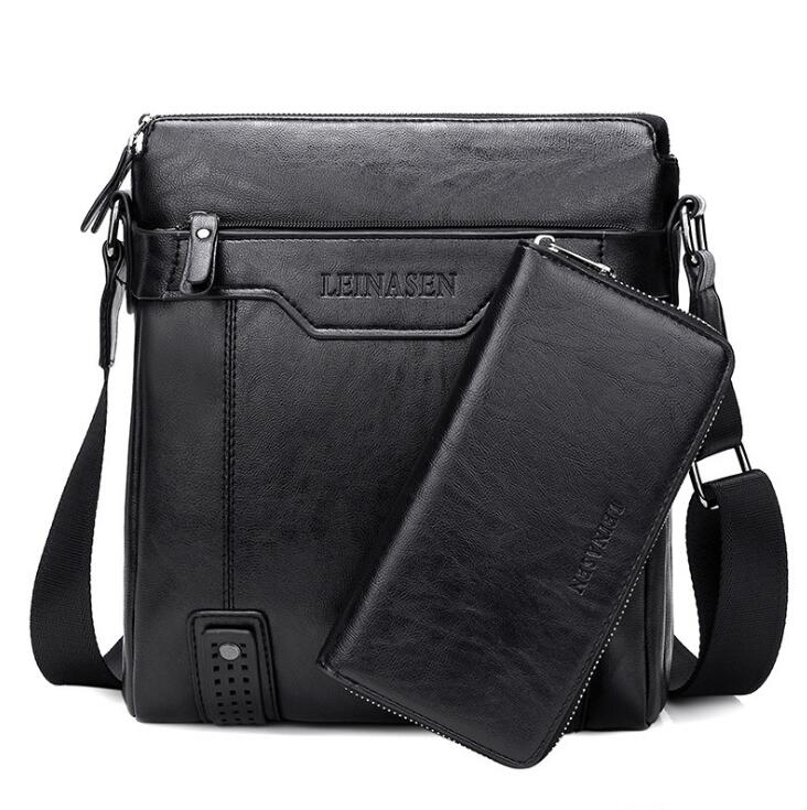 Set with black leather crossbody bag and wallet attached, featuring the brand «LEINASEN» on white background.