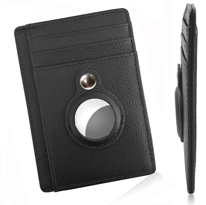 Black leather cardholder with magnetic strip and circular design on white background.
