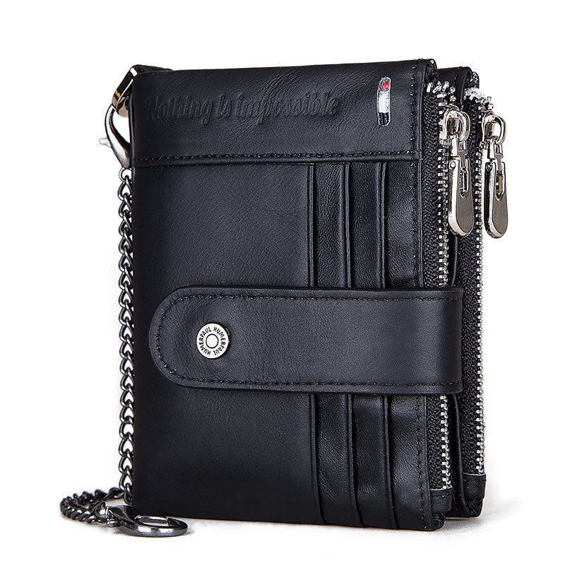 Black leather wallet with a chain on white background.
