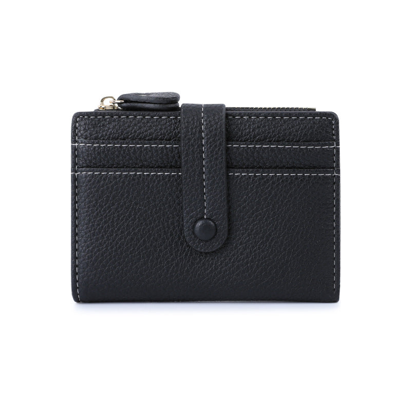 Black leather wallet with a strap on a white background.