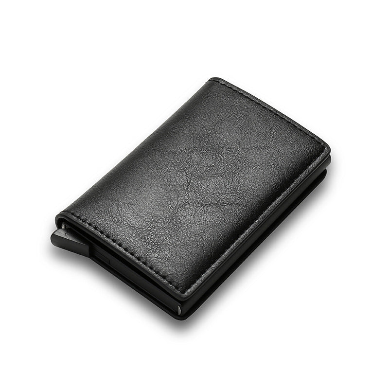 Black smart cardholder with metall frame on white background.