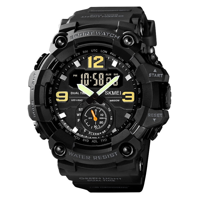 Black sports watch with digital and analog display on white background.