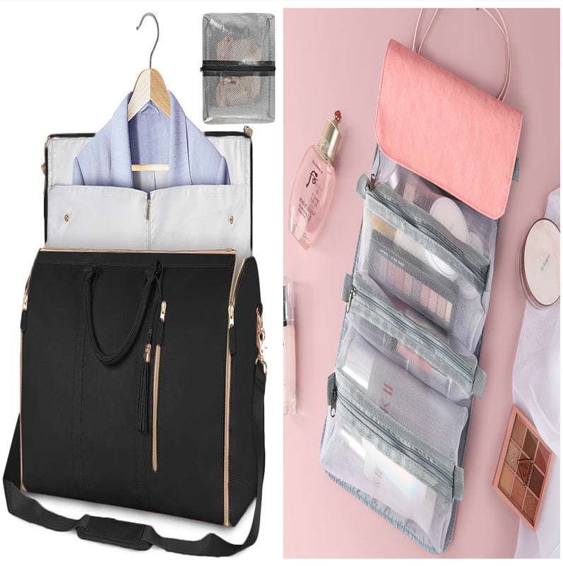 Black backpack with organized compartments and a pink hanging organizer with makeup items.