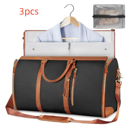 Black and brown travel bag with clothes on a hanger and a mesh pouch on a white background with «3pcs» text.