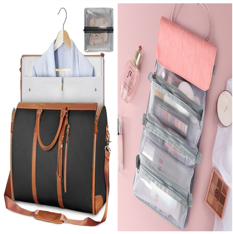 Black travel bag with brown accents and a pink hanging organizer with clear pouches.