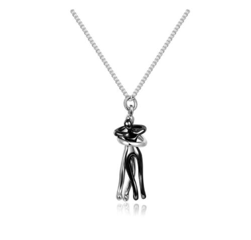 Silver necklace with a black pendant on a white background.