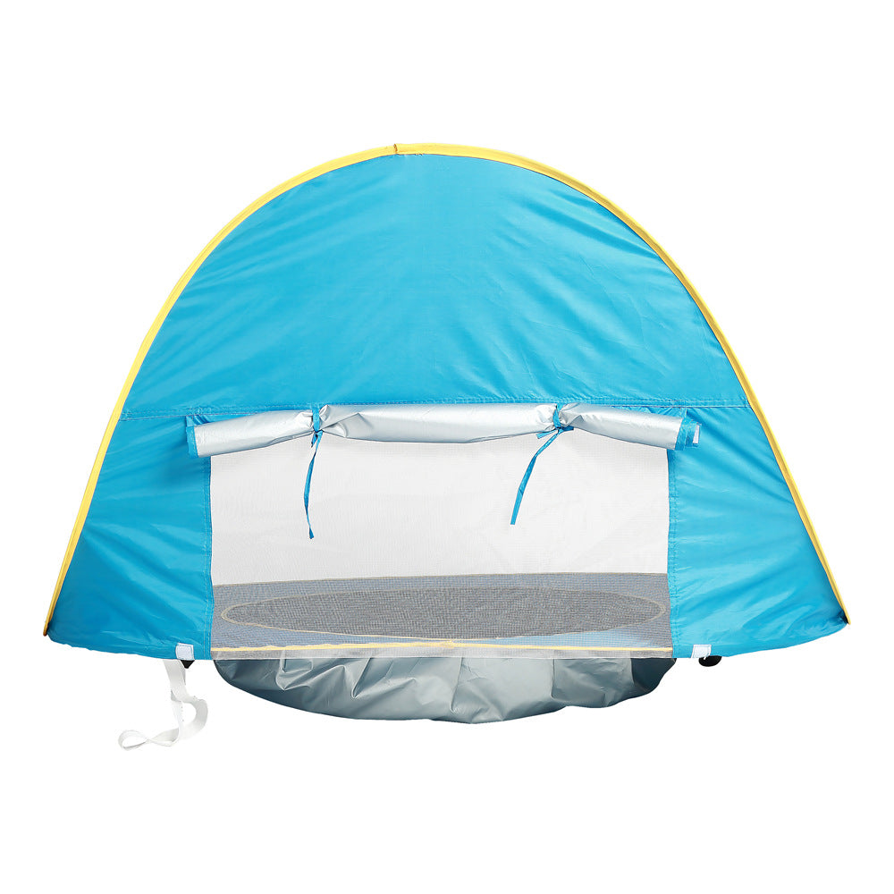 Blue tent with a mesh door on a white background.