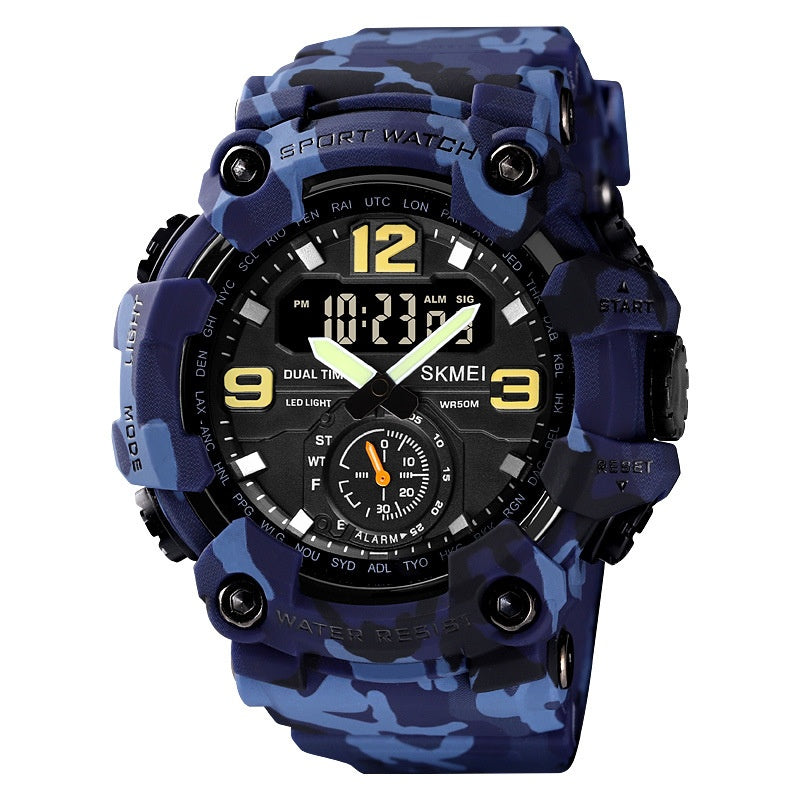 Blue camouflage sports watch with digital and analog display on white background.