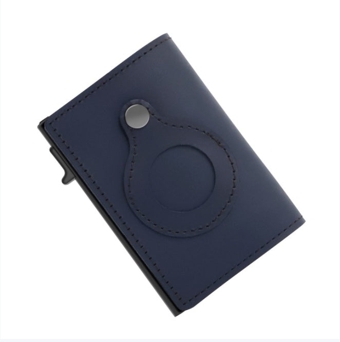 Blue cardholder with a circular card slot on white background.