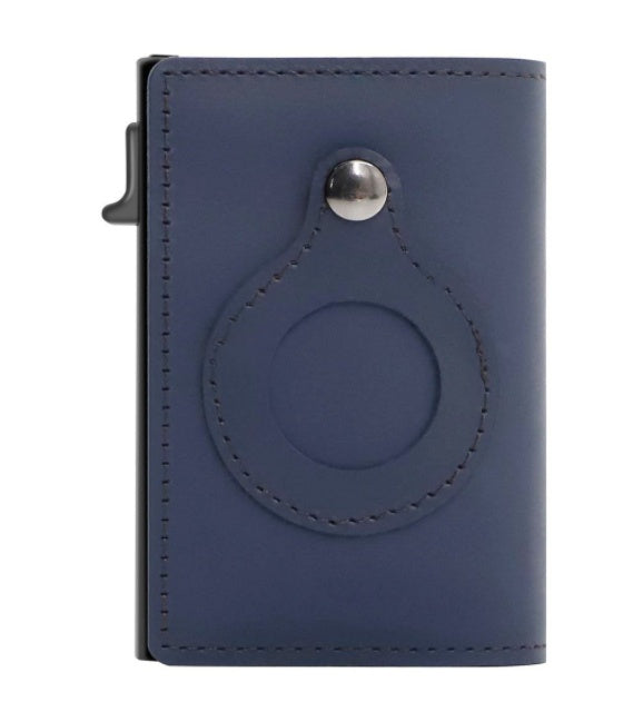 Blue leather cardholder with circular design on white background.