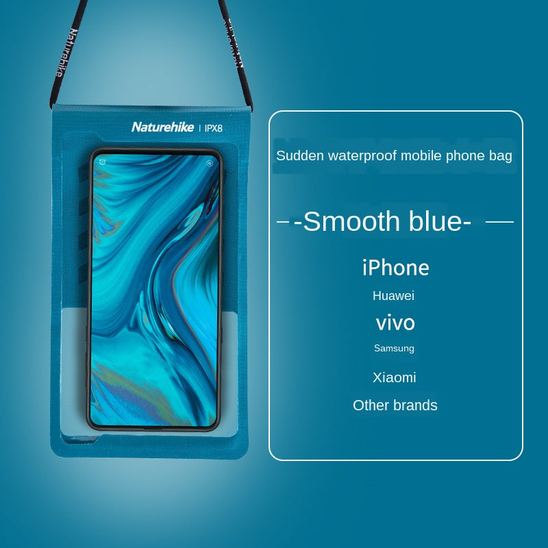 Blue phone case with smartphone inside on a blue background, featuring brand compatibility.