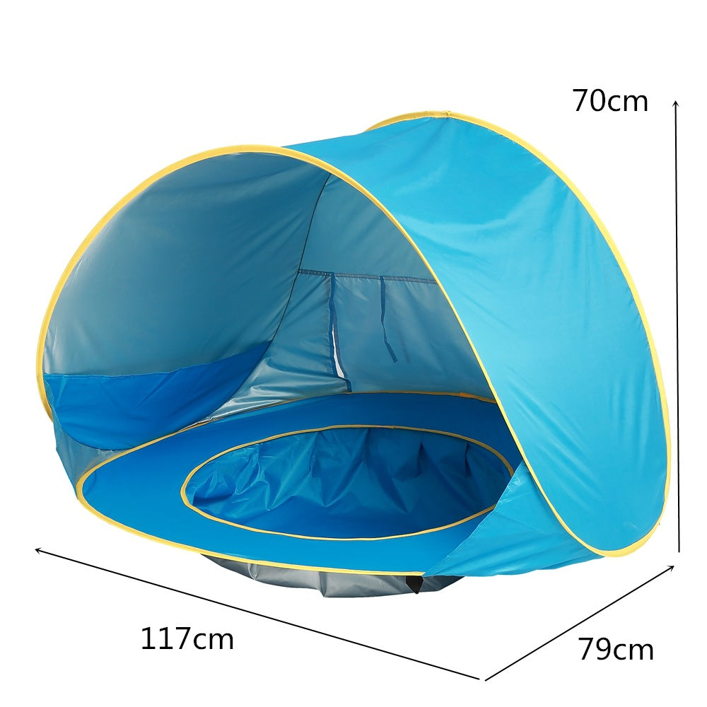 Blue pop-up tent with dimensions on a white background.
