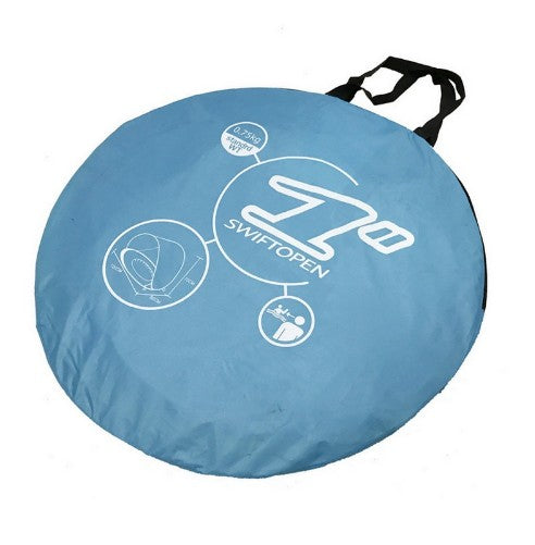 Blue round bag with white branding and text on a white background.