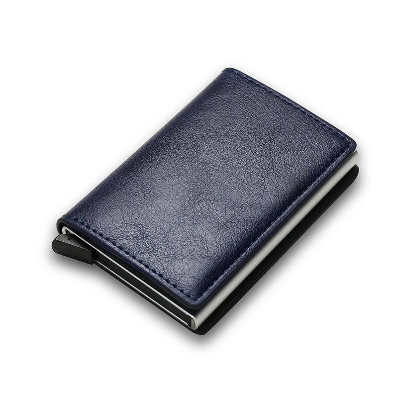 Blue smart cardholder with metal frame on white background.