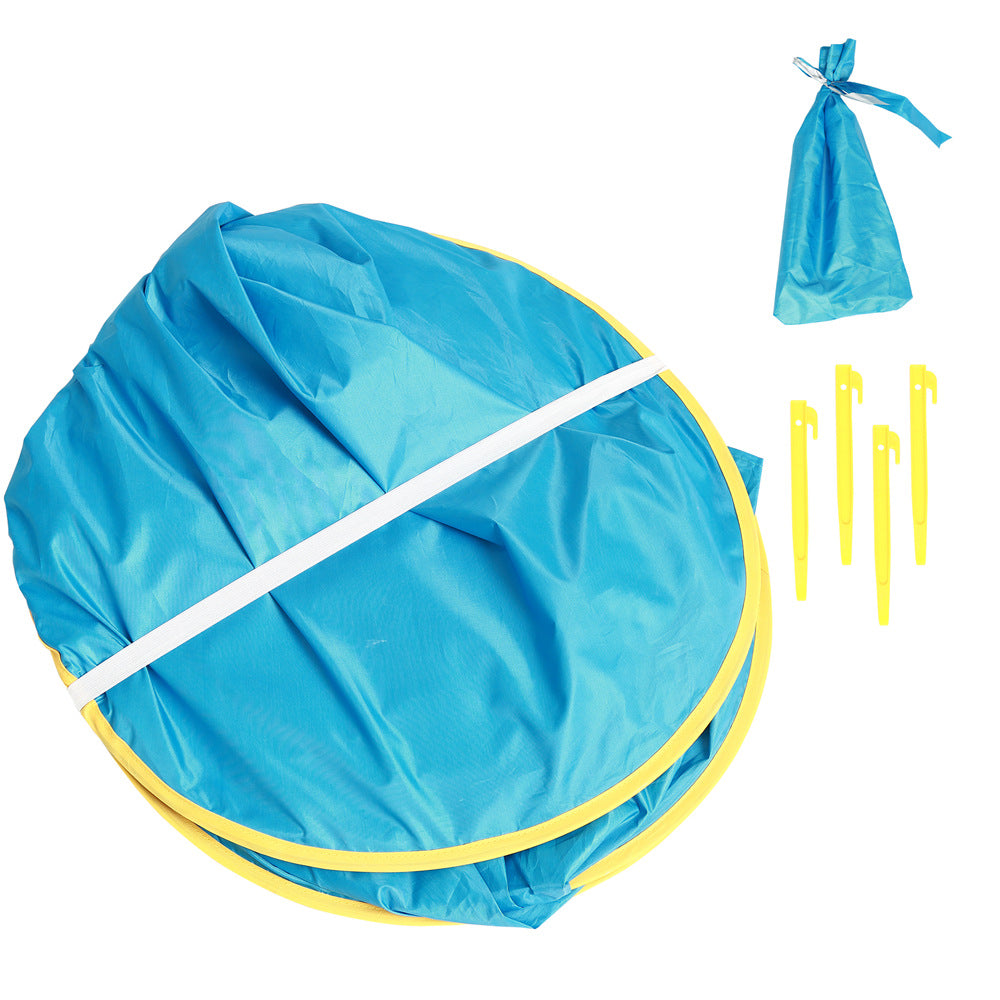 Blue pop-up tent with yellow trim and accessories on a white background.