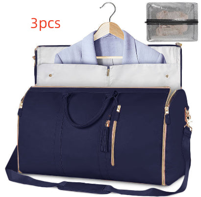 Navy blue travel bag with a hanger and garment bag on a white background with «3pcs» text.