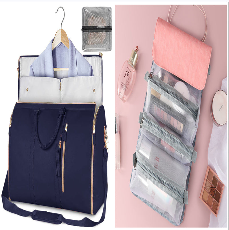 Navy blue travel bag with a garment inside, and a pink hanging organizer with makeup items on a pink background.