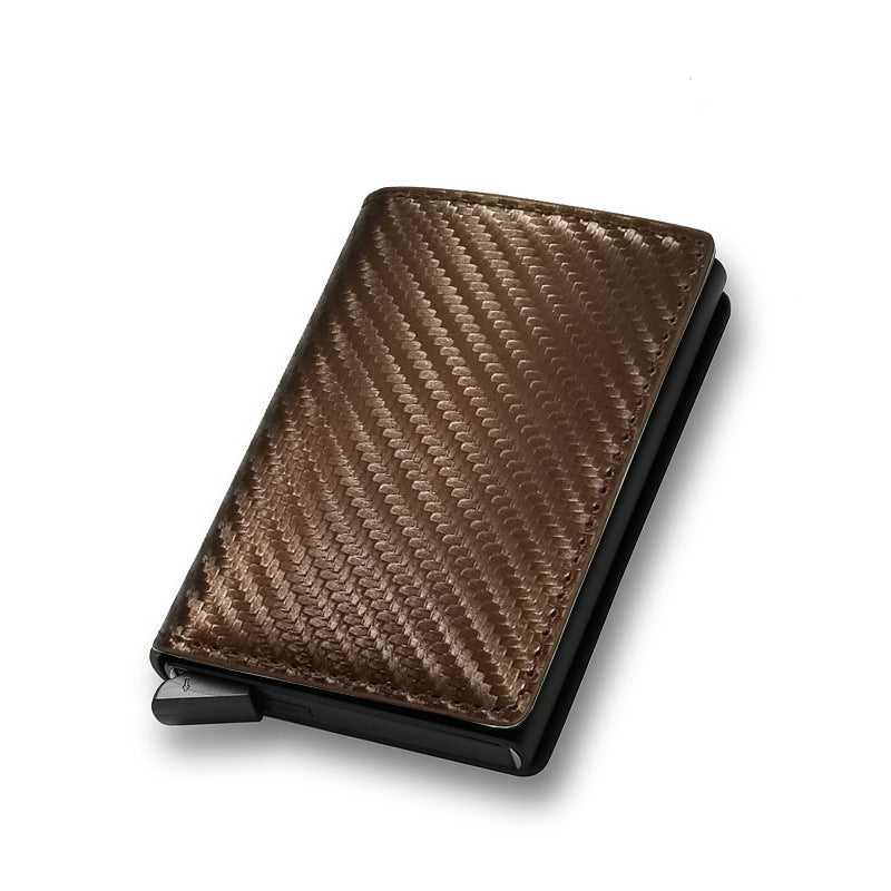 Brown carbon fiber cardholder on white background.