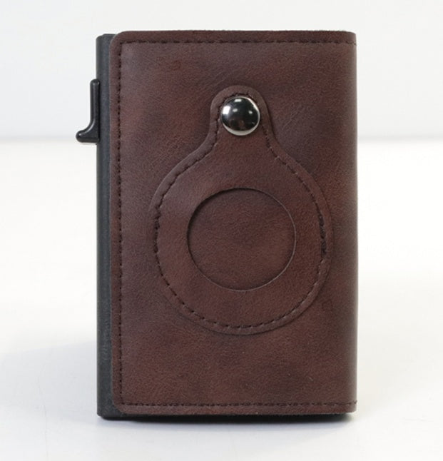 Brown leather case with circular design on white background.