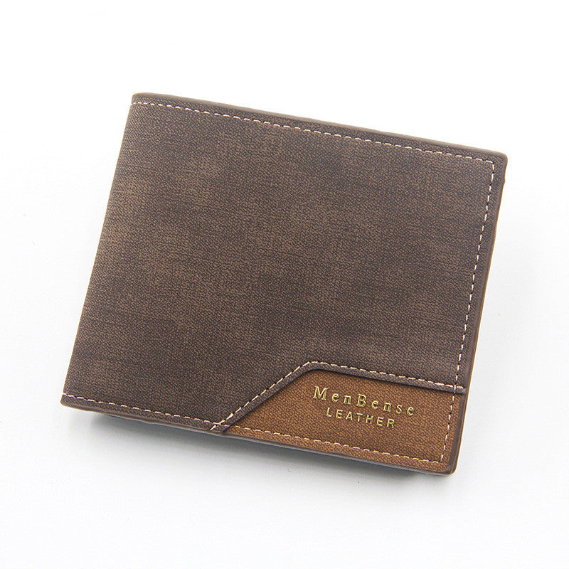Gray leather wallet with «MenBense Leather» branding on white background.