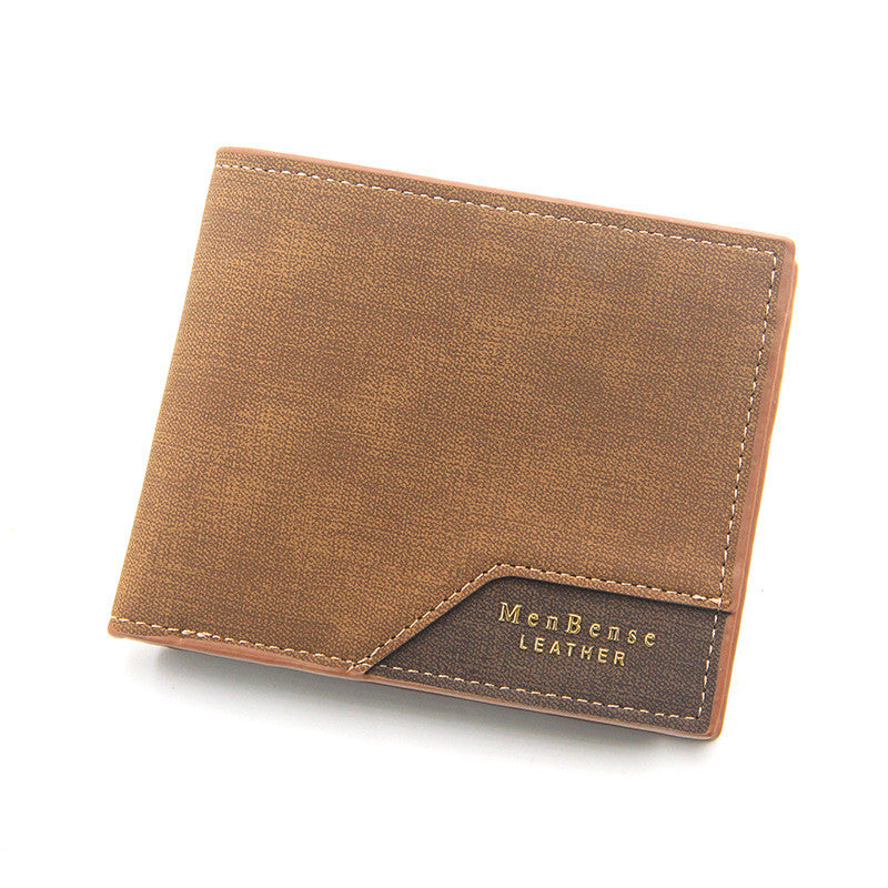 Brown leather wallet with «MenBense Leather» branding on white background.