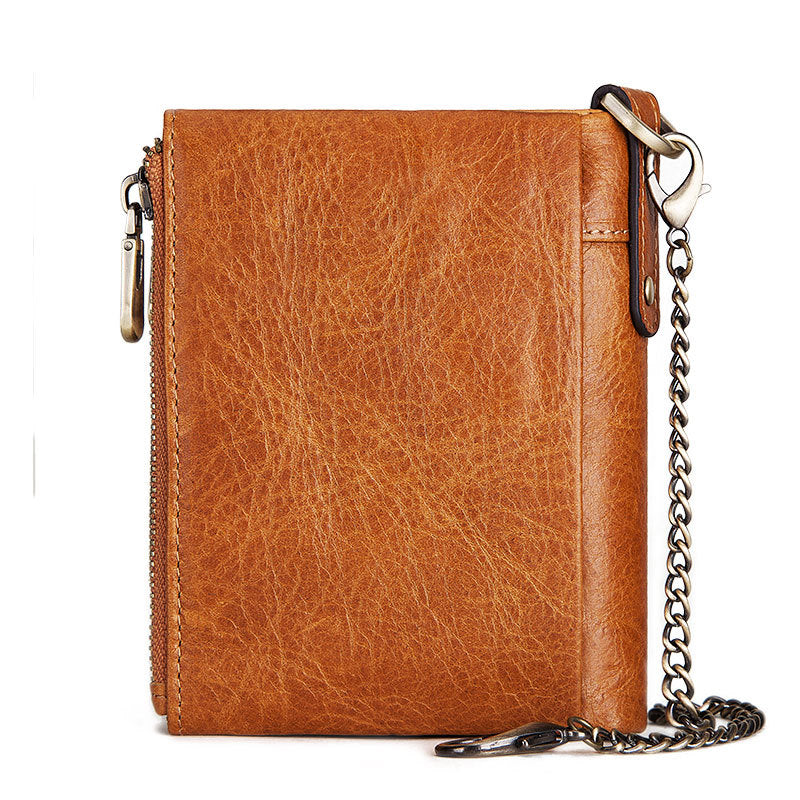 Brown leather wallet with a chain on white background.