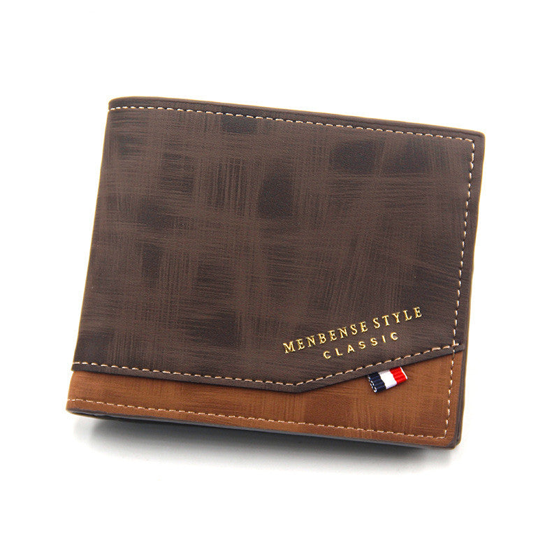 Brown leather wallet with «Menbense Style» branding on white background.