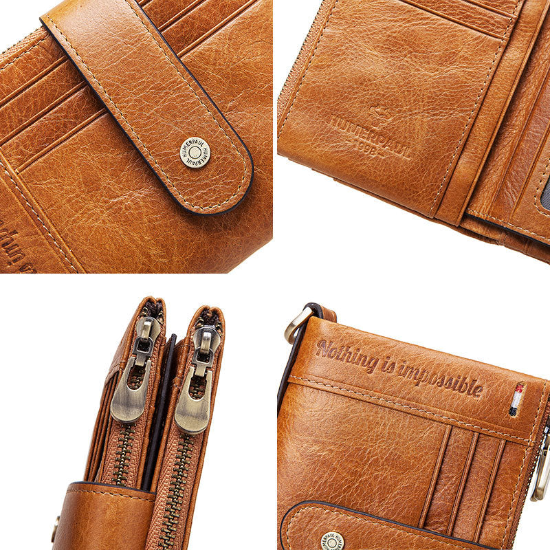 Brown leather wallet with multiple compartments and visible brand logo.