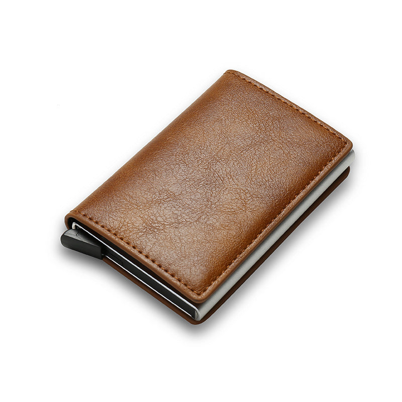Brown smart cardholder with metal clip on white background.
