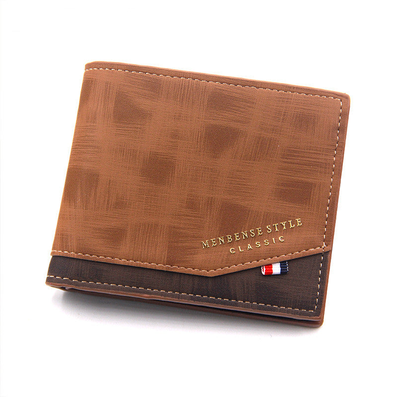 Brown wallet with checkered pattern and visible brand name on white background.
