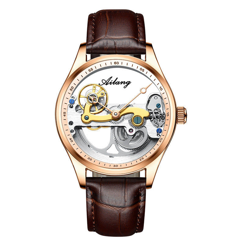 Watch with brown leather strap and visible mechanical components on a white background.
