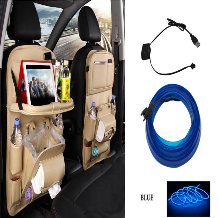 Car organizer with tablet holder, bottle holders, and blue LED strip light on a white background.